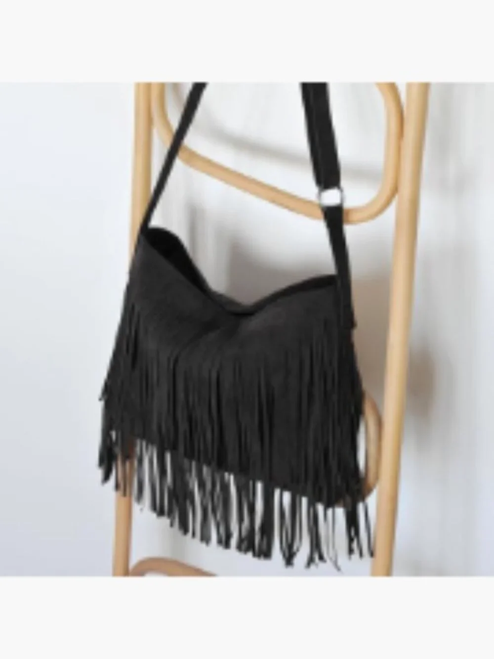 Faux Suede Leather Hobo Crossbody Bag with Tassel Fringe